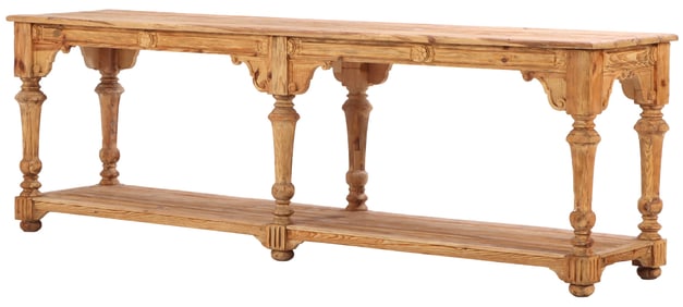LARGE ITALIAN PINE DRAPERS TABLE HAVING SIX LEGS AND BOTTOM SHELF. C 1910