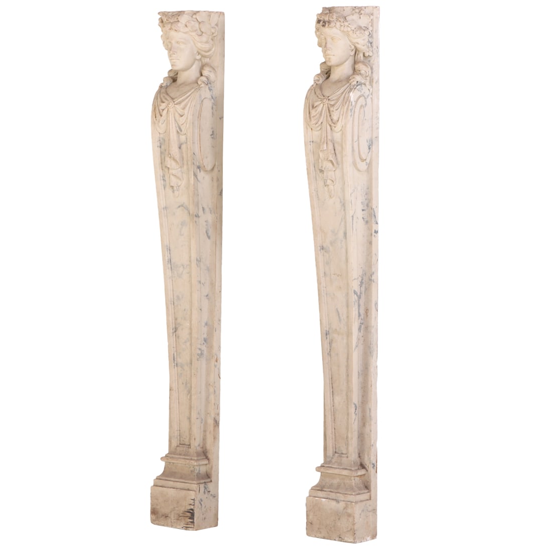 PAIR OF NEO-CLASSICAL STYLE RESIN CARYATIDS.: Pair of Neo-Classical style resin Caryatids. Ht: 57.75" Wd: 6.75" Dpth: 5.5"