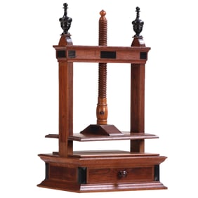 UNUSUAL NINETEENTH CENTURY OAK BOOK PRESS WITH BLACK LAMINATE MOUNTS.