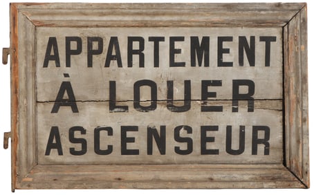 FRENCH PAINTED WOOD SIGN. " APARTMENT FOR RENT, ELEVATOR".