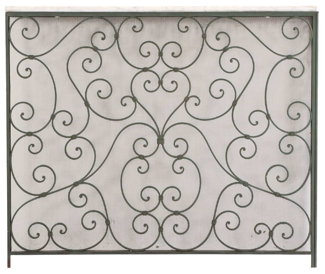 A FRENCH IRON MARBLE TOP RADIATOR COVER OR CONSOLE TABLE C 1950.: A French iron marble top radiator cover or console table C 1950. Ht: 40.25" Wd: 47.5" Dpth: 4.5"