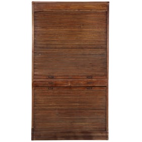 LARGE TWO PART OAK TAMBOUR FILE CABINET IN TWO PIECES C 1890. BOTTOM LOCK IN NEED OF REPAIR.