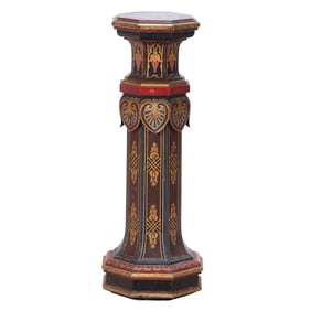 A VICTORIAN PAINT DECORATED PEDESTAL HAVING A FLORAL DECORATION CIRCA 1880.