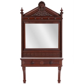 AMERICAN VICTORIAN WALNUT TWO-PART CONSOLE AND MIRROR ATTRIBUTED TO DANIEL PABST, PHILADELPHIA, C