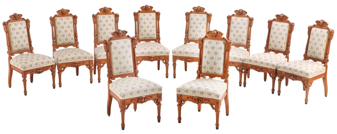 TEN SUBSTANTIAL VICTORIAN OAK DINING CHAIRS C 1870. THESE QUALITY CHAIRS HAVE BEEN RESTORED TO (1 of 7)