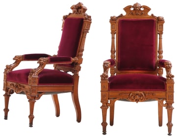 PAIR OF SUBSTANTIAL CARVED OAK VICTORIAN ARM CHAIRS C 1870 IN EXCELLENT CONDITION. ENSUITE WITH