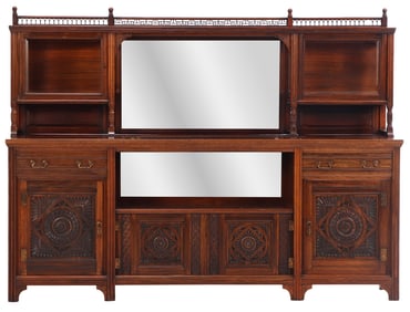 ROSEWOOD AESTHETIC MOVEMENT CURIO TOP SIDEBOARD IN TWO PARTS HAVING BEVELED GLASS AND BEVELED MIRROR