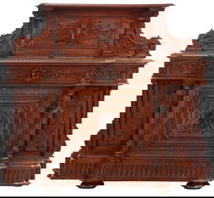 FIGURAL CARVED OAK SERVER WITH REMOVABLE BACK SPLASH HAVING INCISED CARVINGS IN THE MANNER OF