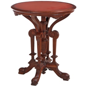 AMERICAN VICTORIAN WALNUT PEDESTAL TABLE C 1870 HAVING INCISED CARVINGS.