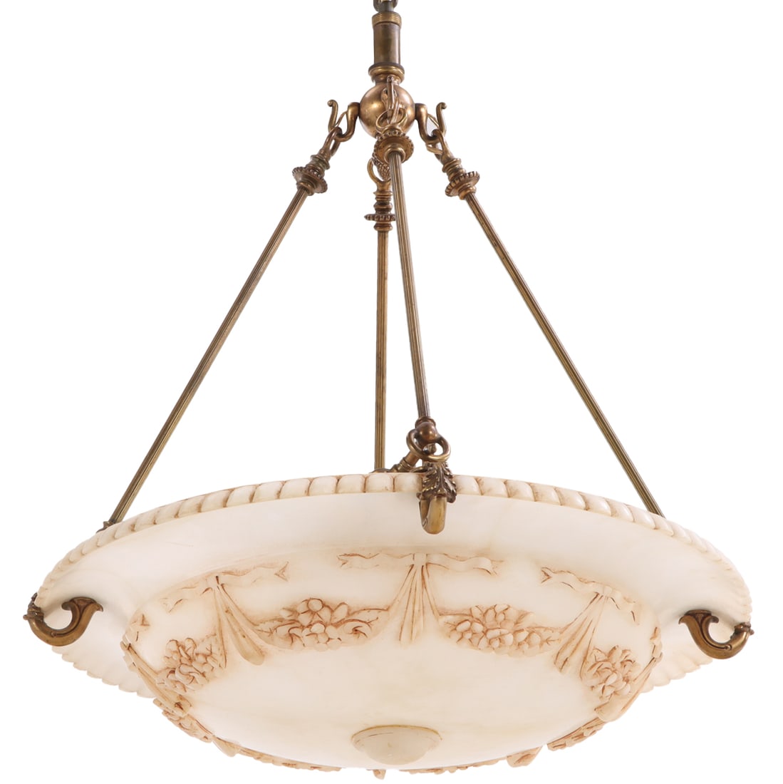 ALABASTER CHANDELIER WITH FLORAL CARVINGS AND BRASS SUPPORTS C 1910.: Alabaster chandelier with floral carvings and brass supports C 1910. Ht: 25" Wd: 22" Dpth: 22"