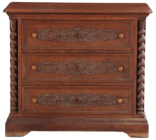 A SMALL THREE DRAWER CARVED OAK DRESSER C 1880. WOULD MAKE A GREAT NIGHT STAND.