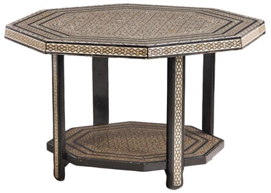 LARGE SYRIAN STYLE TWO TIER TABLE HAVING ELABORATE MOTHER OF PEARL INLAY.
