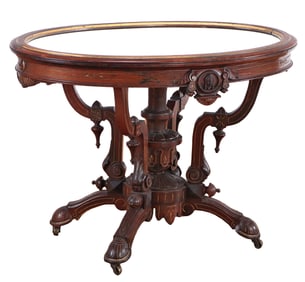 ROSEWOOD MARBLE TOP TABLE BY POTTIER AND STYMUS C 1870 HAVING GILT INCISED CARVINGS,DROP FINIALS AND