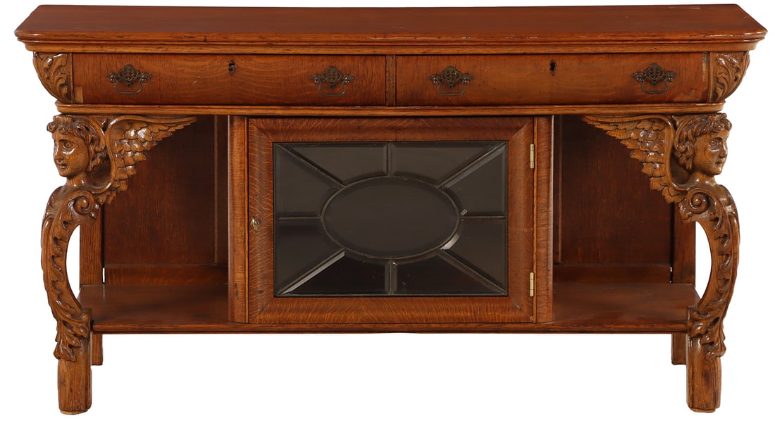 FIGURAL OAK CONSOLE TABLE HAVING TWO DRAWERS OVER A  BEVELED GLASS DOOR. (1 of 9)