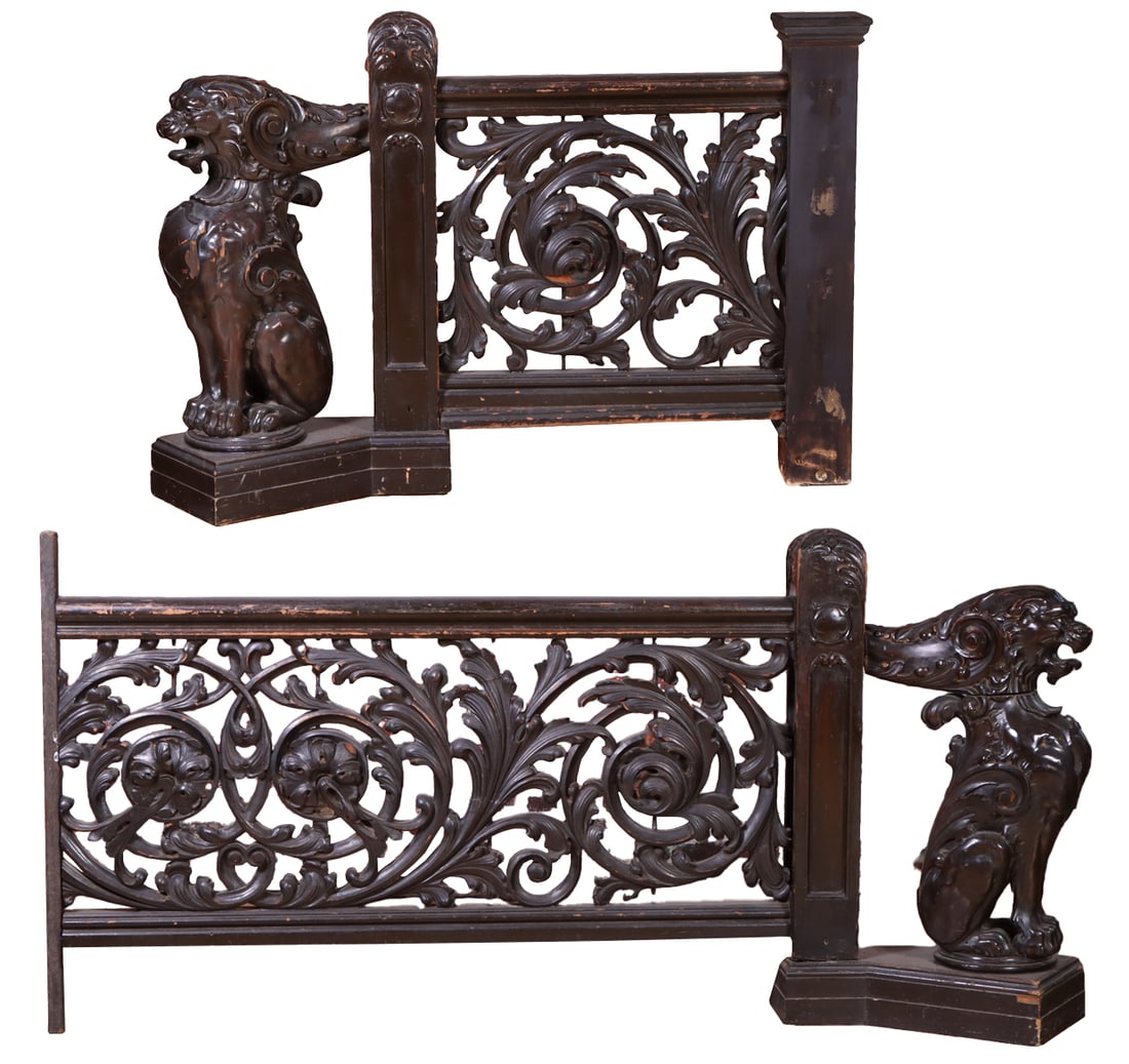 TWO RARE AMERICAN VICTORIAN CARVED MAHOGANY GRIFFIN NEWEL POSTS WITH RELIEF CARVED RAIL (1 of 8)