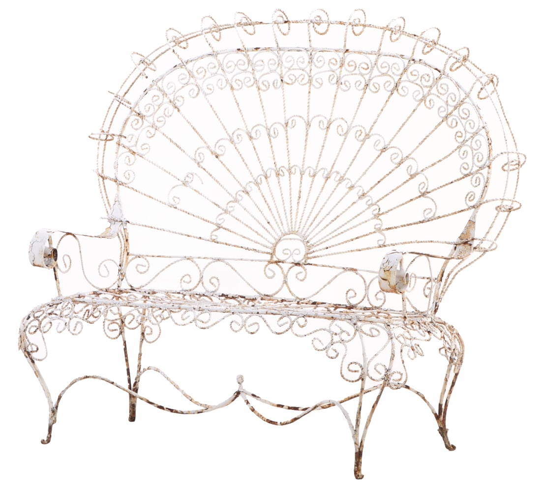 WROUGHT IRON PEACOCK BENCH.: Wrought iron Peacock bench. Ht: 48.25" Wd: 56" Dpth: 25" Seat: 16.75"
