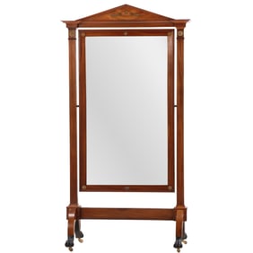 MAHOGANY BRONZE MOUNTED CLASSICAL STYLE CHEVAL MIRROR HAVING EBONIZED CLAW FEET C 1880.