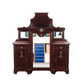 RARE MAHOGANY BRONZE MOUNTED COMBINATION VITRINE/SIDEBOARD 1900. CENTRAL GLASS DOOR FLANKED