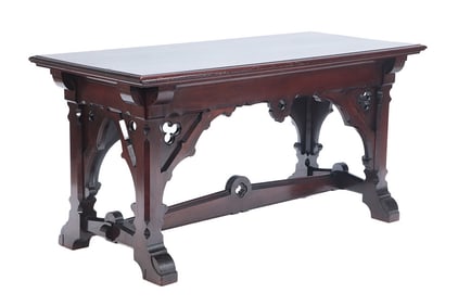 WALNUT MODERN GOTHIC STYLE TABLE ATTRIBUTED TO DANIEL PABST C 1860. THIS LOT COMES FROM A
