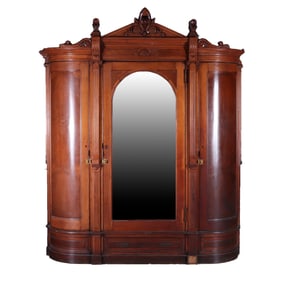 LARGE AMERICAN VICTORIAN WALNUT AND BURL WALNUT THREE DOOR ARMOIRE C 1875. CENTRAL MIRRORED DOOR