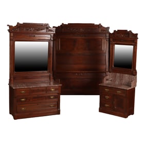 THREE PIECE EASTLAKE WALNUT BEDROOM SET C 1880. SET COMPRISED OF FULL SIZED BED, MARBLE TOP