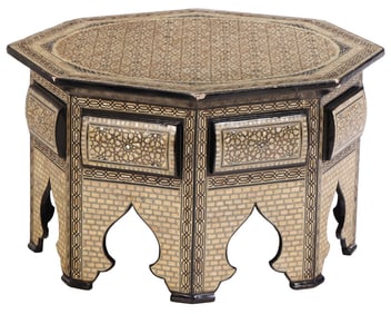 LARGE SYRIAN OCTANGONAL MOTHER OF PEARL INLAID LOW TABLE HAVING MOORISH INFLUENCES.
