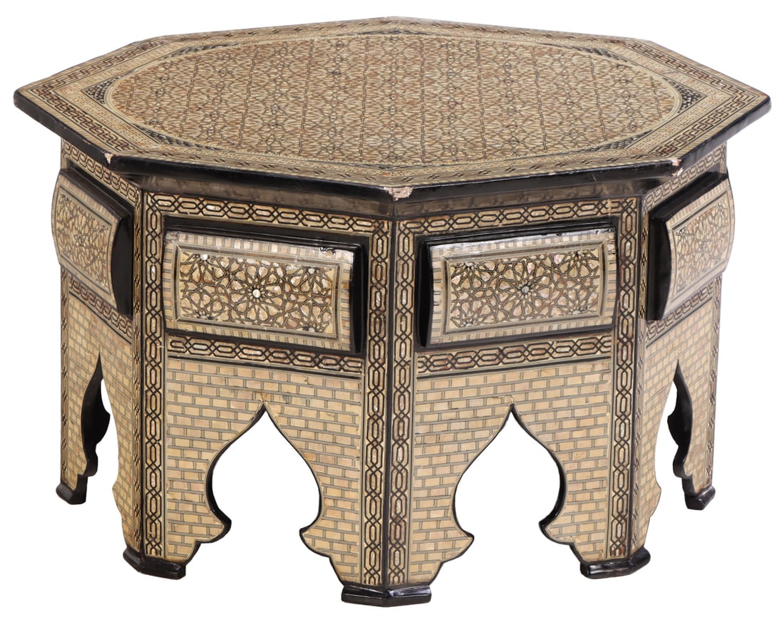 LARGE SYRIAN OCTANGONAL MOTHER OF PEARL INLAID LOW TABLE HAVING MOORISH INFLUENCES. (1 of 7)