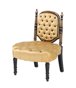 PETITE EBONIZED AND GILT BOUDOIR CHAIR WITH BUTTON BACK UPHOLSTERY AND TURNED LEGS C 1880.