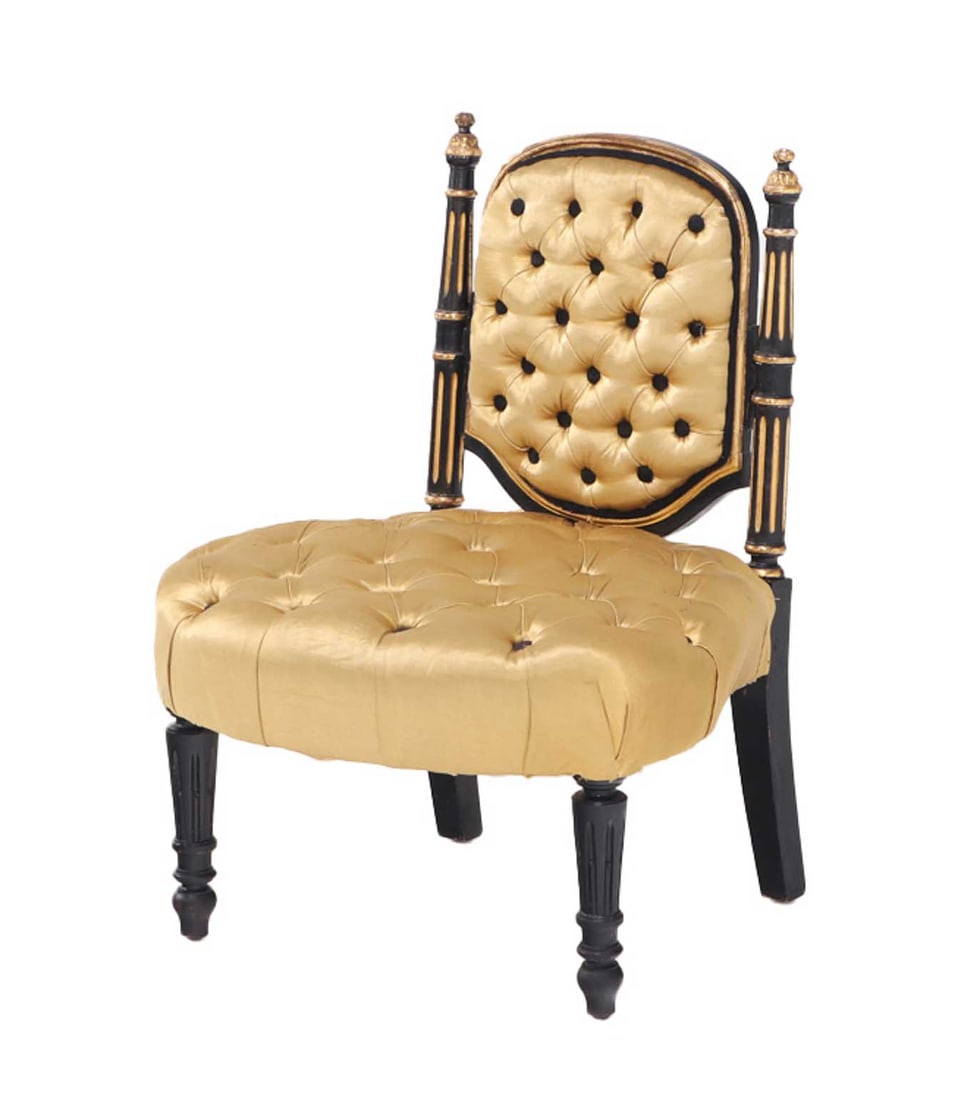 PETITE EBONIZED AND GILT BOUDOIR CHAIR WITH BUTTON BACK UPHOLSTERY AND TURNED LEGS C 1880. (1 of 6)