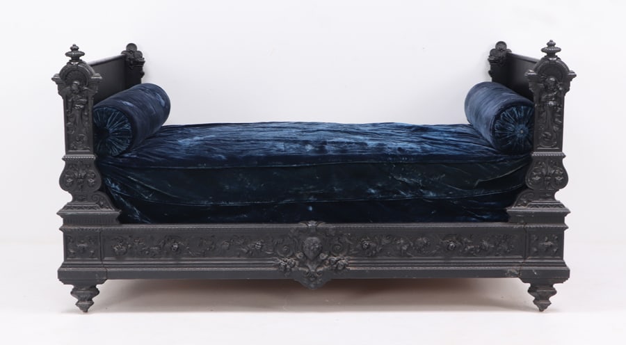 FRENCH CAST IRON DAYBED C 1860 WITH WINGED CHERUBS AND FLORAL DETAILS IN HIGH RELIEF. (1 of 7)