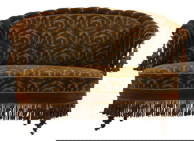 NINETEENTH CENTURY NAPOLEON III SETTEE HAVING FRINGE DECORATION AND EBONIZED TURNED FEET.