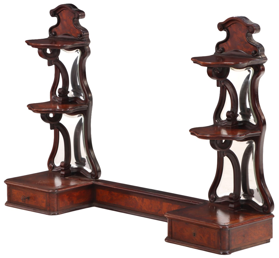 ROSEWOOD WALL HUNG CURIO HAVING SHAPED BEVELED MIRRORS AND TWO DRAWERS C 1870.: Rosewood wall hung curio having shaped beveled mirrors and two drawers C 1870. Ht: 33.5" Wd: 50.5" Dpth: 11"