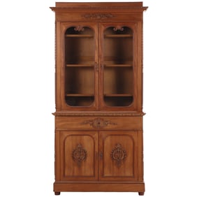 TWO PART VICTORIAN MAHOGANY ROCOCCO STYLE CABINET C 1860 HAVING GLASS DOORS ABOVE A DRAWER AND TWO