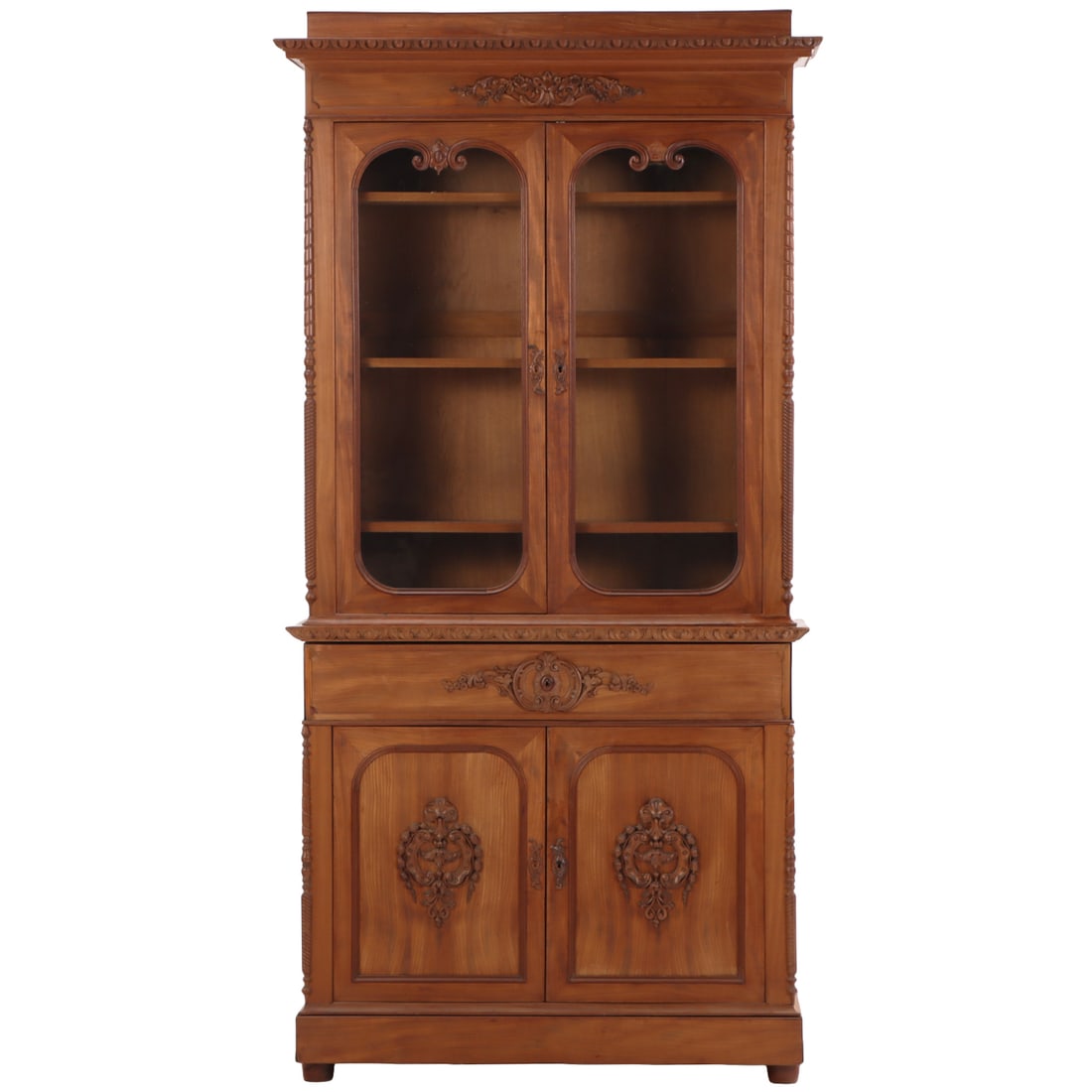 TWO PART VICTORIAN MAHOGANY ROCOCCO STYLE CABINET C 1860 HAVING GLASS DOORS ABOVE A DRAWER AND TWO (1 of 7)
