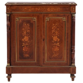 FRENCH BRONZE MOUNTED ROSEWOOD AND INLAID MARBLE TOP CABINET HAVING TWO DOORS OPENING TO TWO
