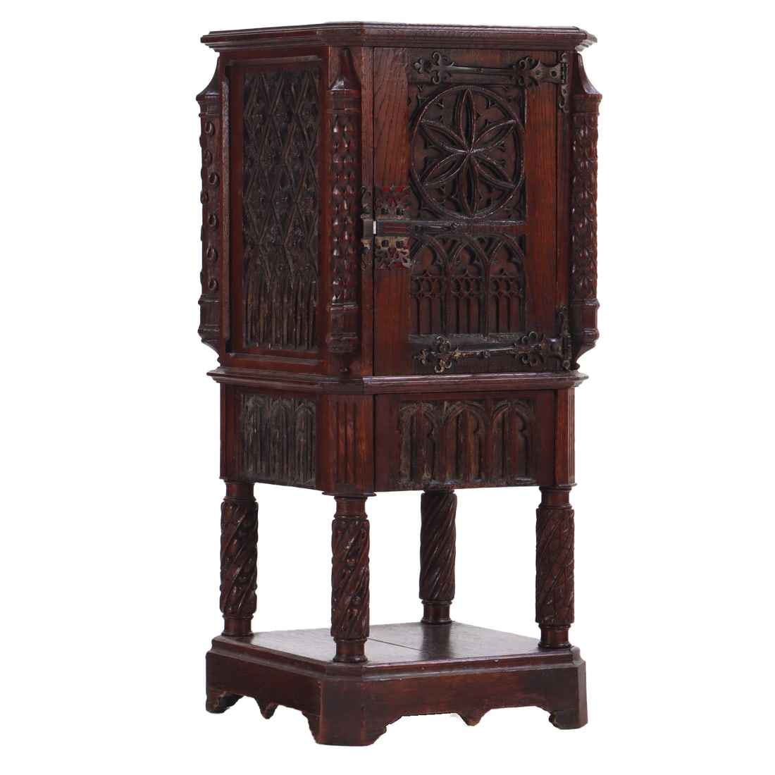 NINETEENTH CENTURY GOTHIC REVIVAL CARVED OAK CABINET. THE CASE HAVING A SINGLE DOOR AND CARVED (1 of 8)