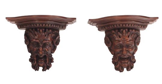 PAIR CARVED WALNUT WALL SHELVES WITH BACCHUS FACES C 1890.