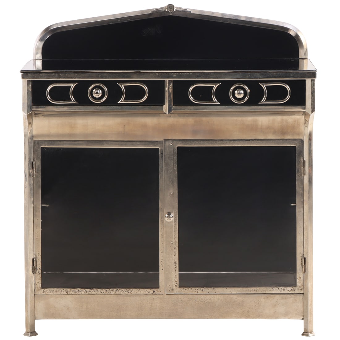 ART DECO CHROME AND GLASS SERVER HAVING TWO DRAWERS OVER TWO DOORS C 1930. (1 of 6)