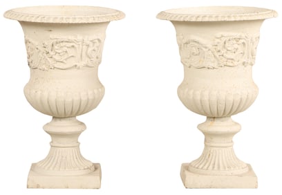 PAIR OF PAINTED CAST IRON DECORATED CAMPAGNA FORM GARDEN URNS.
