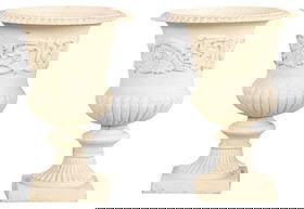 PAIR OF PAINTED CAST IRON DECORATED CAMPAGNA FORM GARDEN URNS.: Pair of painted cast iron decorated Campagna form garden urns. Ht: 23.75" Wd: 17" Dpth: 17"