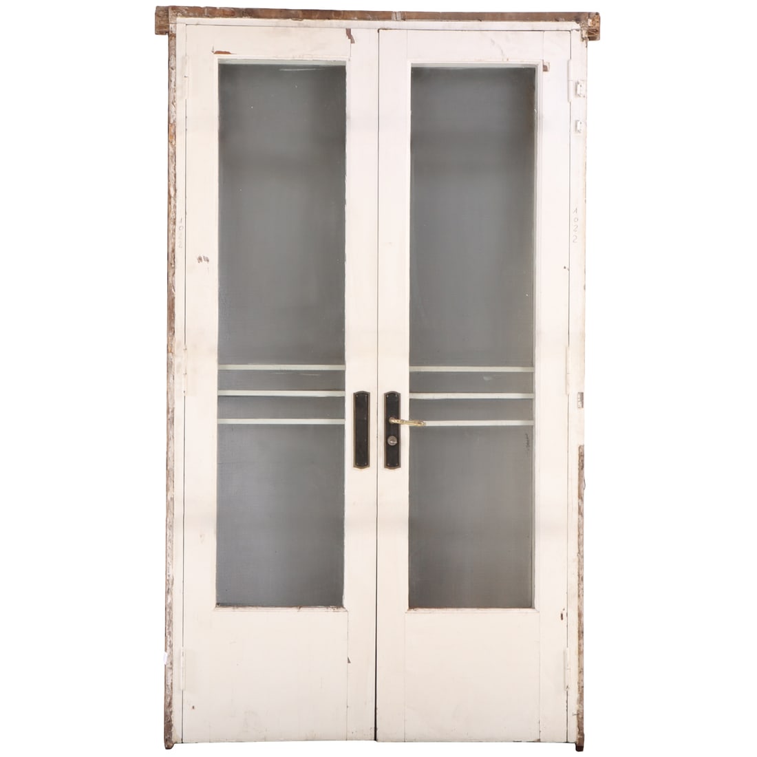 A PAIR OF PAINTED WOOD FRENCH DOORS SET INTO A FRAME WITH A SCREEN DOOR ALSO SET INTO THE SAME (1 of 5)
