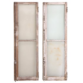 TWO SINGLE FRENCH PAINTED WOOD WINDOWS WITH CREMONE BOLTS C 1900.