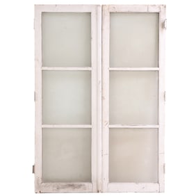 A PAIR OF FRENCH PAINTED WOOD WINDOWS WITH CREMONE BOLTS C 1900.