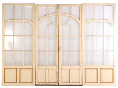 A PAINTED WOOD FRENCH STOREFRONT COMPRISED OF A PAIR DOORS AND TWO SIDEIGHTS C 1880.