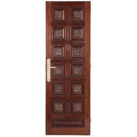 CARVED MAHOGANY DOOR HAVING RELIEF CARVED SQUARES ON FRONT AND FLAT ON REVERSE WITH ELABORATE