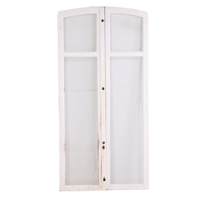 A SET OF SEVEN PAIR OF ANTIQUE FRENCH PAINTED WOOD AND GLASS WINDOWS HAVING ARCHED TOPS.