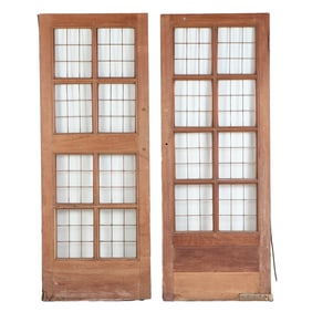 A PAIR OF ANTIQUE ENGLISH MAHOGANY LEADED GLASS DOORS CIRCA 1910, REMOVED FROM A LUXURY HOTEL IN