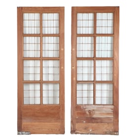 A PAIR OF ANTIQUE ENGLISH MAHOGANY LEADED GLASS DOORS CIRCA 1910, REMOVED FROM A LUXURY HOTEL IN