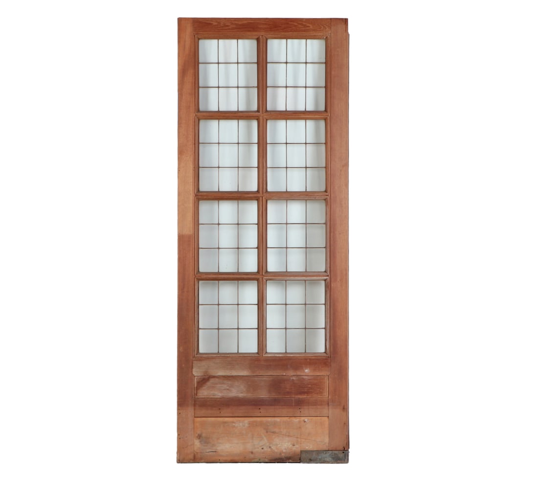 AN ANTIQUE ENGLISH MAHOGANY LEADED GLASS DOOR CIRCA 1910, REMOVED FROM A LUXURY HOTEL IN LONDON.: An antique English mahogany leaded glass door circa 1910, removed from a luxury hotel in London. Ht: 80" Wd: 30"