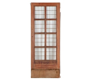 AN ANTIQUE ENGLISH MAHOGANY LEADED GLASS DOOR WITH BRASS KICK PLATE CIRCA 1910, REMOVED FROM A